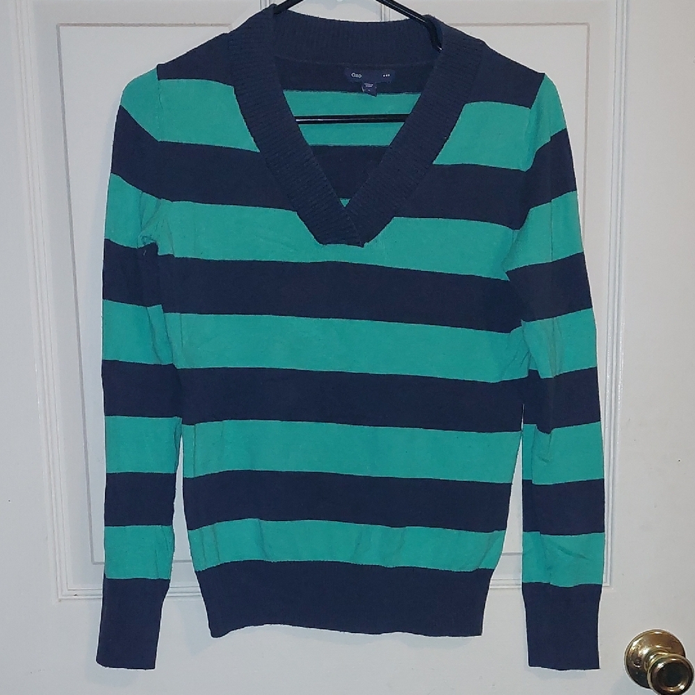 GAP Green and Black V-Neck Sweater Striped Knit
